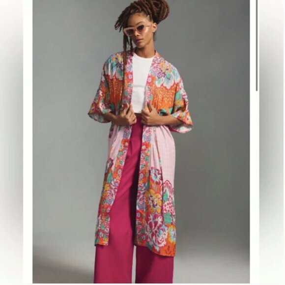 Anthropologie Conditions Apply Printed Tie Waist Kimono - Picture 1 of 12